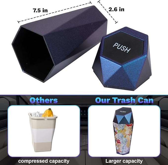 Car Trash Can, Car Trash Bin with Lid, Car Accessories for Women Interior, Car Garbage Can with Additional 2 ABS Hooks and 60pcs Trash Bags, Suitable for Home, Office, Car Organizer, Blue Purple