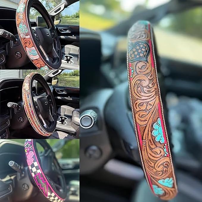 Western Steering Wheel Cover 14.5–15" – Retro Tooled Leather Pattern, Universal Anti-Slip Car Accessories for Trucks SUVs Cars, Boho Cowgirl/Cowboy Gift (D)