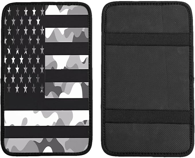 Camouflage Gray Camo American Flag Car Center Console Cover, Universal Waterproof Armrest Pad, Soft Comfort Cushion & Scratch-Resistant Protector for Cars, SUVs and Trucks