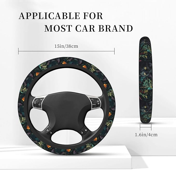 Car Steering Wheel Cover with Anti-Slip Lining, Universal 15 inch Wheel Cover, Fashion Car Interior Accessories for Women Men - Vintage Flower Black Cat