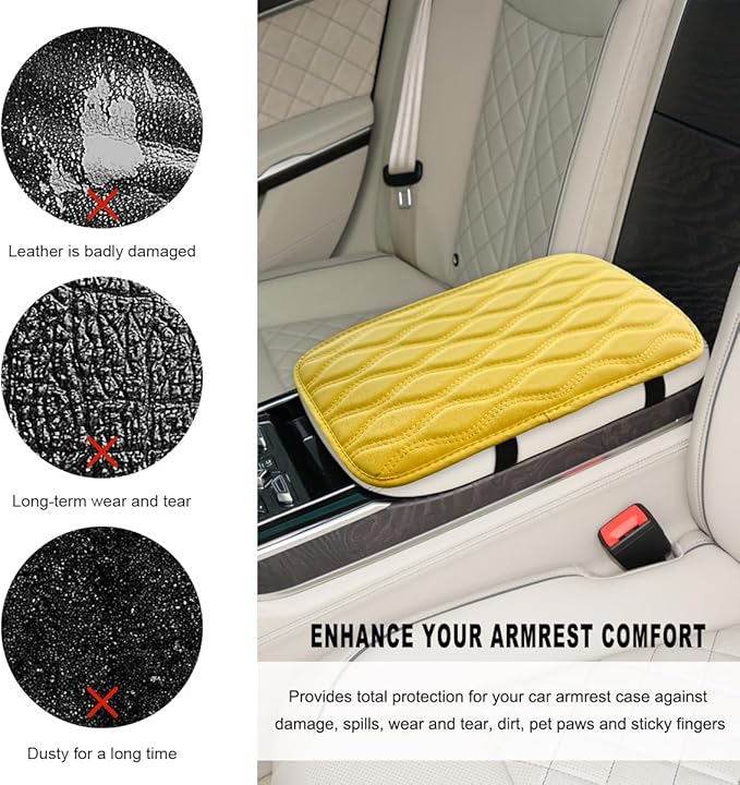 Car Center Console Pad, Waterproof Leather Armrest Seat Box Cover Protector, Non-Slip Middle Console Cushion Pad Interior Decor Fits Most Vehicles, Car Accessories (Yellow)