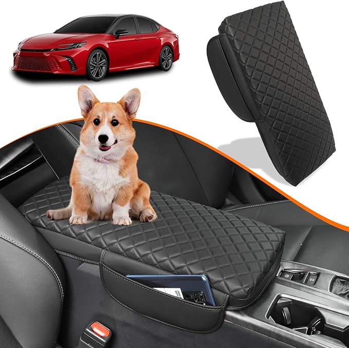 Center Console Armrest Cover for Toyota Camry 2025 2026 Accessories Arm Rest Pad Console Cushion Lid Middle Console Protector Black Leather with Pockets