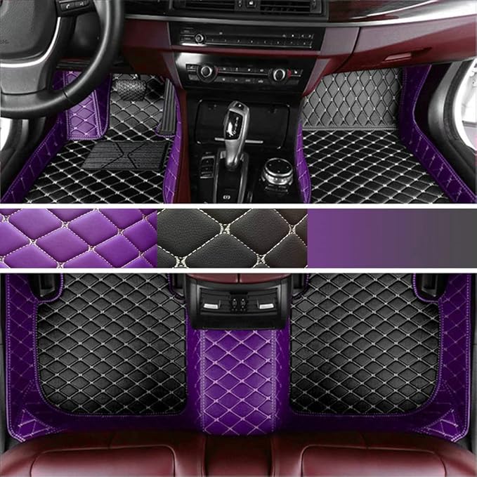 Custom Fit Car Floor Mats for Most Cars, SUVs, Trucks - Waterproof PU Leather All-Weather Floor Liners - Durable Anti-Slip Interior Car Accessories to Protect Vehicle Floors (Purple+Black Beige)