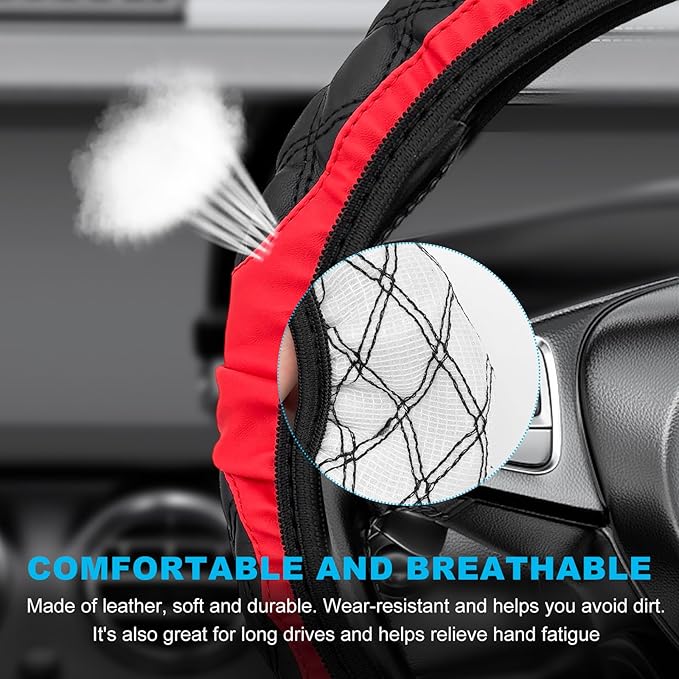 Car Steering Wheel Cover, 15 Inches Non-Slip Leather Car Steering Wheel Protector, Universal Steering Wheel Soft Cover Mats for Car Truck SUV, Interior Car Accessories (Black & Red)