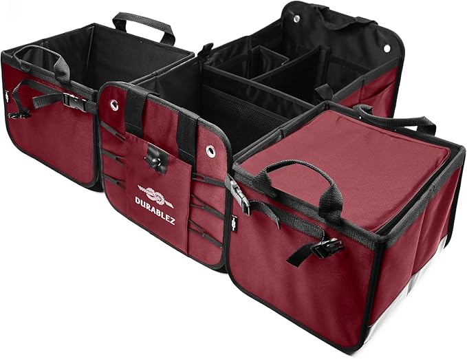 DURABLEZ 5-Section Trunk Organizer for SUV, Truck, Sedan, Van – Modular Extra Large Cargo Storage Bin, Detachable Car Trunk Organizer with Dividers, Collapsible Auto Organization System – Cherry Red