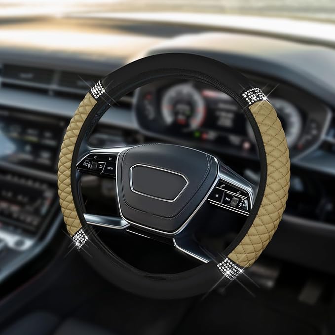 Car Steering Wheel Cover, Steering Wheel Accessories, Breathable Microfiber Leather Auto Wheels Protector, Universal 15 Inch Anti-Slip Protector for SUV Sedan Truck (Bling-Beige)