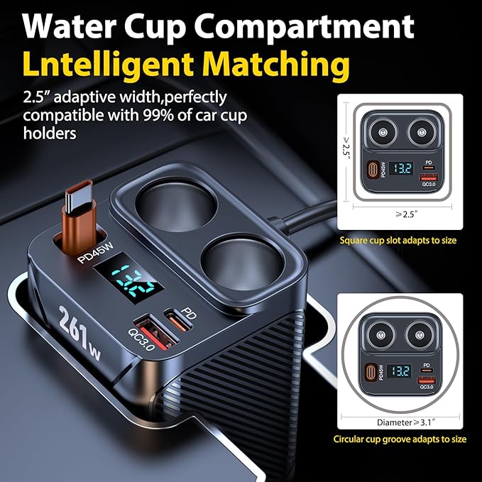 Cigarette Lighter Splitter with Retractable Car Charger, 45W USB C Car Cup 2-Socket Cigarette Lighter Adapter Heavy Duty Truck Car Plug Outlet Splitter Fast Charging 12V/24V Multi Port for Car Devices