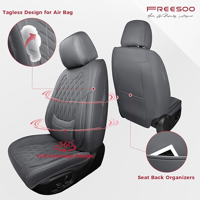 FREESOO Front Car Seat Covers - Luxury Breathable Waterproof Faux Leather Car Seat Cushion Protectors with Lumbar Support, Universal Fit for Most 5 Seats Vehicles, Sedans, Hatchbacks, and Trucks, Gray