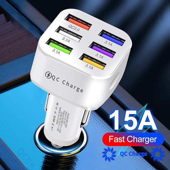Amiss Car Charger Adapter, 6 USB Multi Port, Fast Charger, Include QC 3.0 and 5 Other Ports, Car Interior Accessories, Fit for iPhone 13/12/11/pro，Samsung Galaxy/Note S10/S9/S8 - Bright White