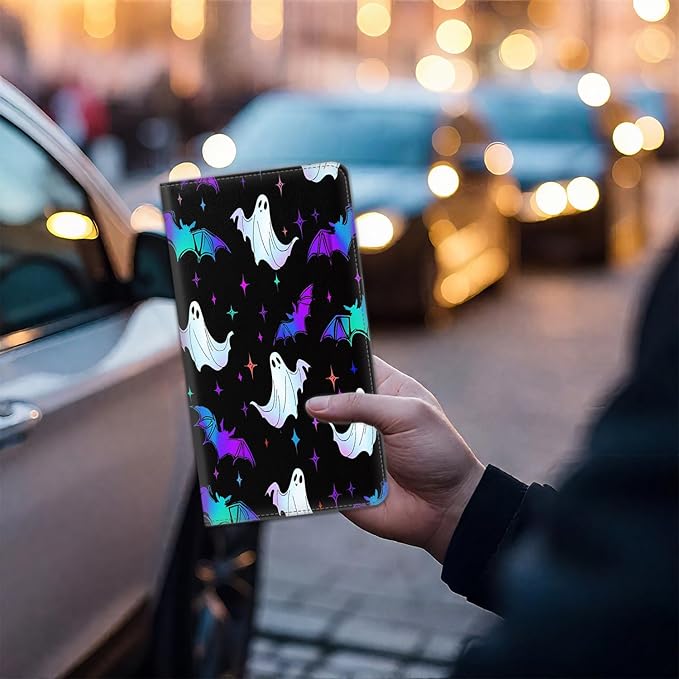 Car Registration Holder, PU Leather Vehicle Card Document Glove Box Organizer, Women Interior Auto Accessories Case for Cards, Driver License Car Insurance Holder, Halloween Cute Ghosts + Bats