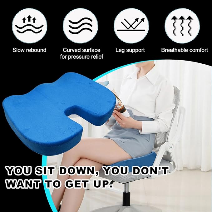 Memory Foam Seat Chair Cushion, Comfortable Auto Cushions for Long Periods of Sitting, Pregnancy Car Seat Cushion for Back, Coccyx & Sacrum Pain Relief, Car Accessories (Blue)