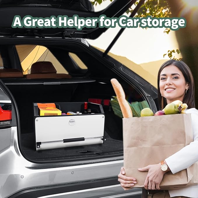 XCF Car Trunk Organizer, Leather Collapsible Trunk Organizer for suv with Lid and Push-pull Handle Car Trunk Storage Organizer for Cars, SUV, Minivan, Truck, Sedan (White)