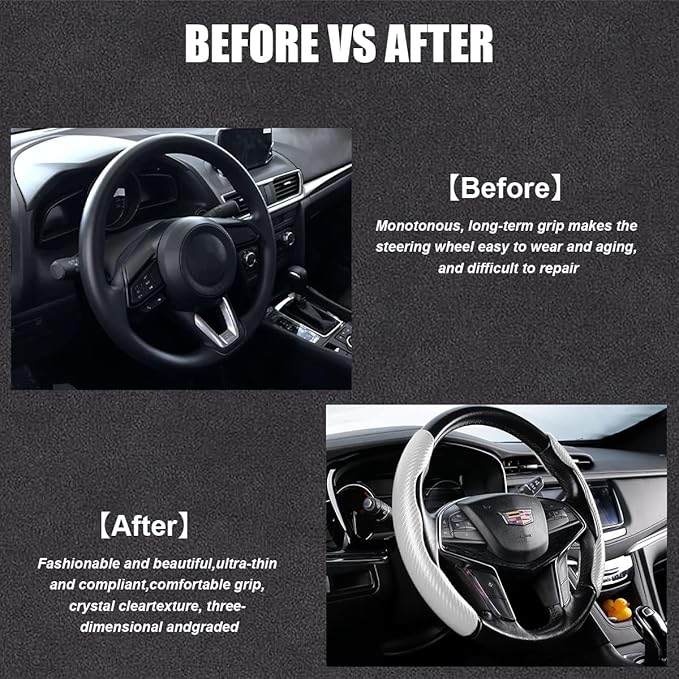 Car Steering Wheel Cover, Carbon Fiber PU Leather Segmented Steering Wheels Protector, Breathable Anti Slip Durable Auto Interior Accessories for Women Men (Carbon Fiber White)