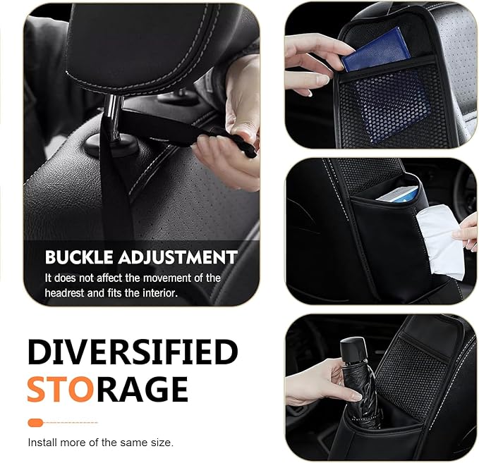 Car Tissue Holder, Leather Seat Side Strap-On Organizer Box with Mesh Net, Multifunctional Hanging Card Cup Holder Storage Bag, Universal for Most Cars (Black)