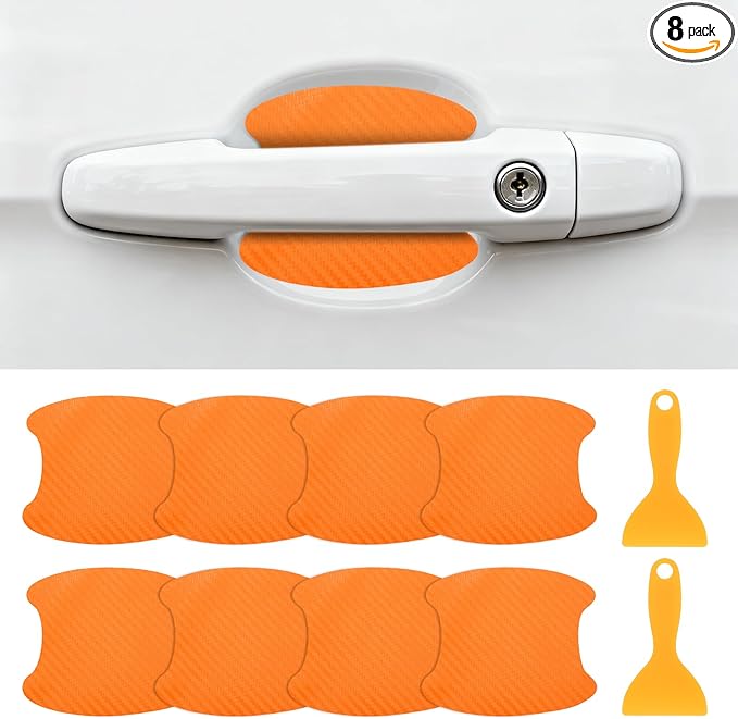 PATIKIL 3.54" x 3.94" Car Door Handle Sticker, 8Pcs Carbon Fiber Anti-Scratches Vehicle Door Cup Protector with Scraper Auto Door Handle Protective Film for Cars Trucks RV SUV, Orange