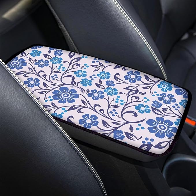 Blue Flower Car Center Console Armrest Pad Cushion Daisy Floral Cars Accessories Breathable Soft Car Center Console Cover Seat Box Cover for Sedan, Van, SUV, Trucks