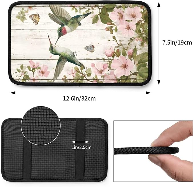 Hummingbird Center Console Cover Pad, Flower Butterfly Car Armrest Seat Box Cover Cushion Universal for Most Vehicle SUV Truck, Car Interior Accessories Decor, Protect from Pet Claws & Dirt