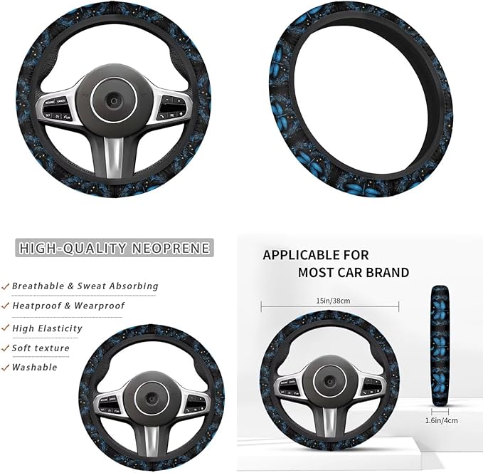 Blue Dragonfly Steering Wheel Cover Men Women 6pcs Funny Car Interior Decor Cup Coaster Handbrake Cover Suit for Most Cars Truck Vans SUV
