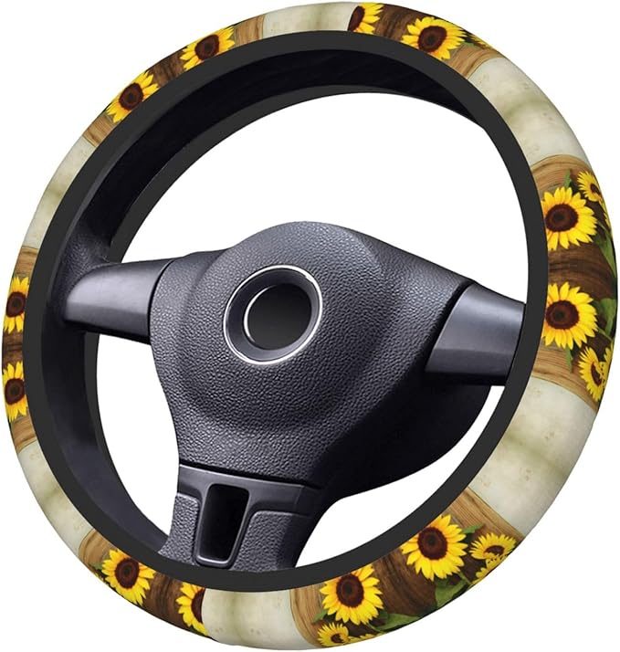 Sunflower On Wooden Board Universal Fit Steering Wheel Cover for Car, Truck, and SUV, Durable Steering Wheel Protection