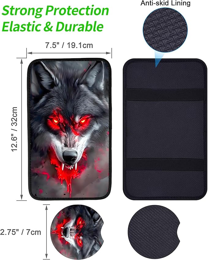 JANENFNA Car Armrest Cover Pads Universal Fashion Cute Auto Center Console Armrest Cover Pad with 2PCS Car Coasters Soft Waterproof Car Armrest Seat Protector for Women,Blood Wolf