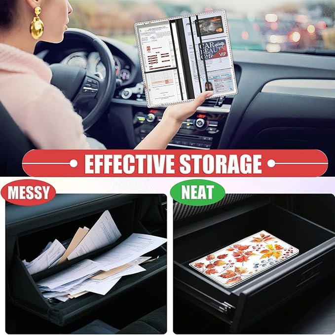 Car Registration Holder, Waterproof PU Leather Vehicle Card Document Glove Box Organizer, Women Interior Auto Accessories Case for Cards, Driver License Car Insurance Holder, Watercolor Autumn Leaves
