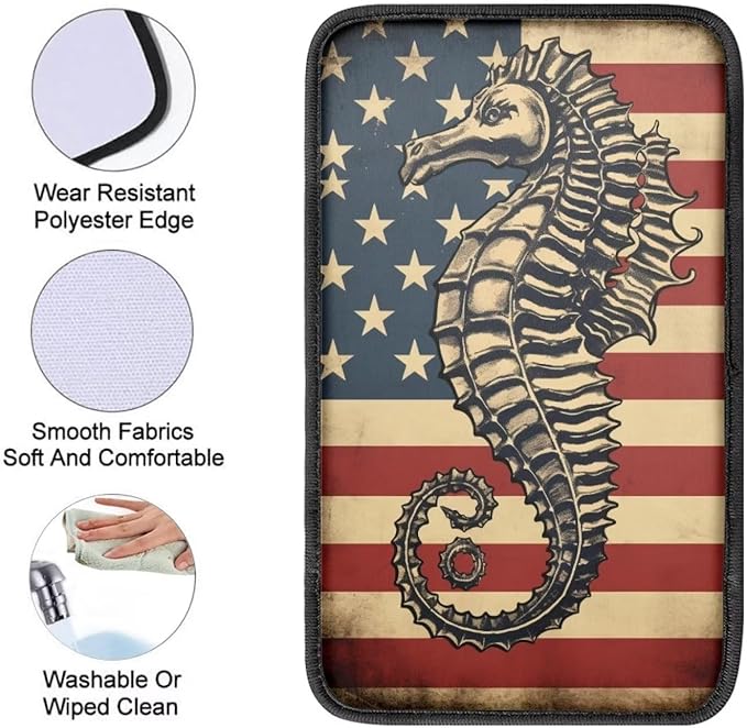 Car Center Console Pad, Universal Waterproof Car Armrest Seat Box Cover, Car Interior Accessories for Most Vehicle SUV Truck Vintage American Flag Seahorse Car Armrest Pad