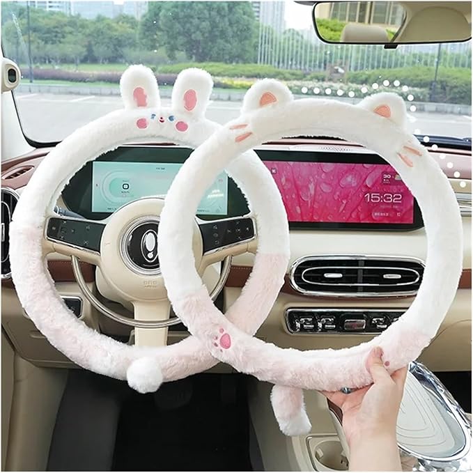 Cute Winter Plush Steering Wheel Cover - Non-Slip Warm Handlebars Decoration for Cars(Plush bear rong)