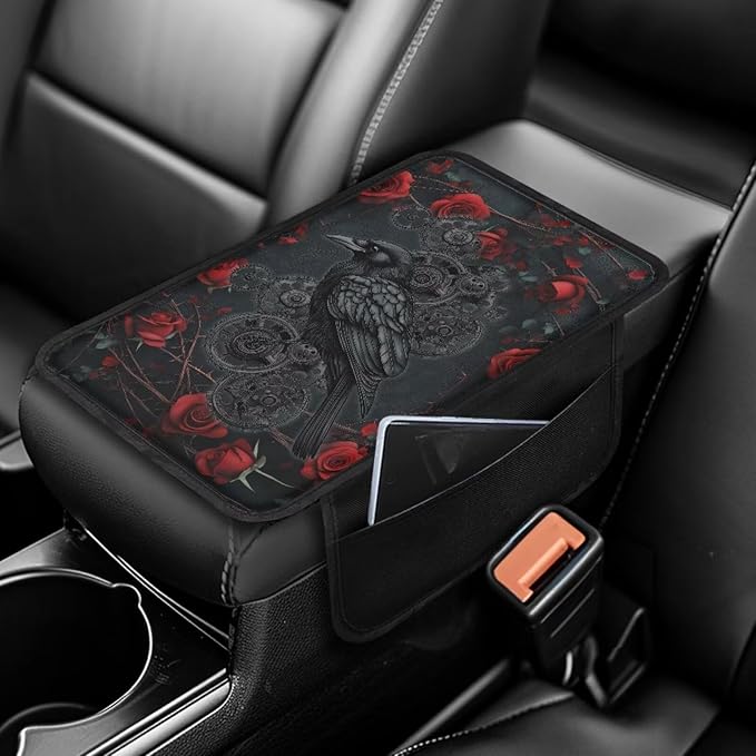 Dreaweet Car Armrest Cover for Women Gothic Crow Car Accessories Center Console Cover Replacement,Universal Arm Rest Cover for Car Console Covers with Pockets for Truck Sedan SUV