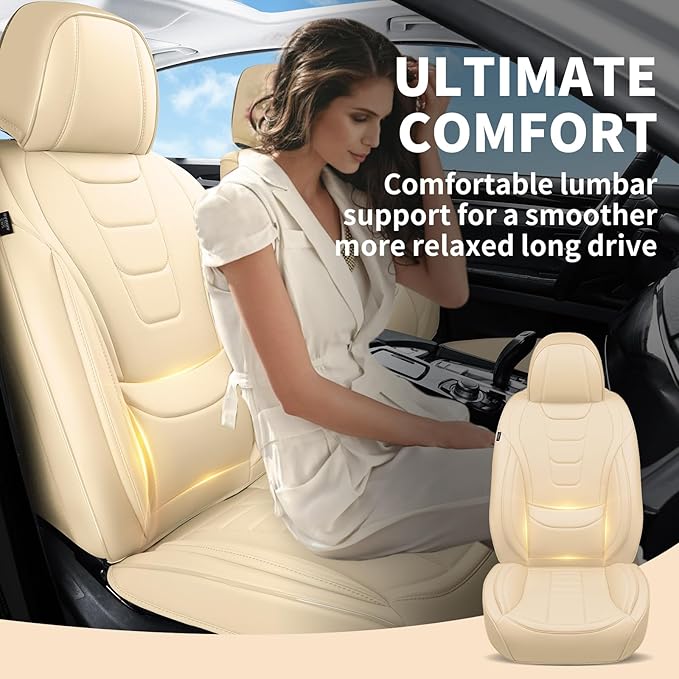 Gripure Car Seat Covers for Full Set – Waterproof & Breathable Faux Nappa Leather, 360° Wrap Design, Airbag Compatible, Lumbar Support, Perfect for Drivers Who Sweat-Breathable Design. – Beige