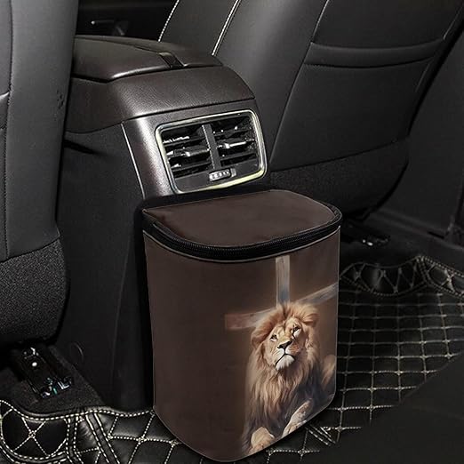 Talayituse Lion Cross Print Car Trash Can with Lid, Leak Proof Auto Trash Bag Hanging Vehicle Garbage Can Multipurpose Storage Container for Back Seat Road Trip