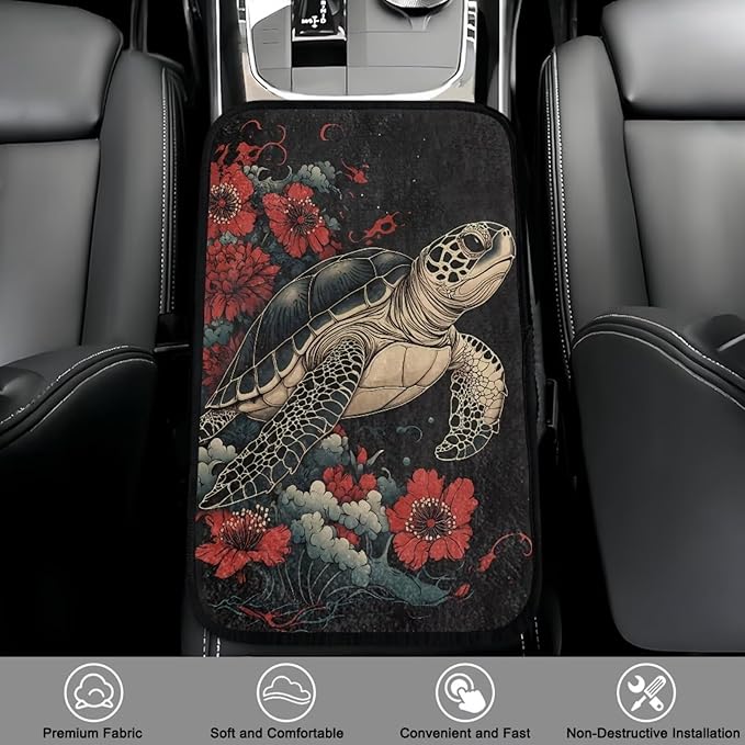 Bulopur Turtle Flower Arm Rest Cover Car Flannel Easy to Install Car Console Covers Vehicle Armrest Cover Vehicle Accessories 12.01 x 7.28 Inch Fit for Most Cars, Vehicles, SUVs