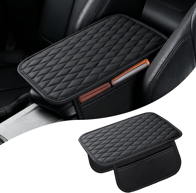 Leather Car Center Console Cover – Soft Armrest Cover Cushion with Side Pockets, Non-Slip Backing, Scratch-Resistant & Waterproof, Fits Most Cars SUVs Trucks, Black