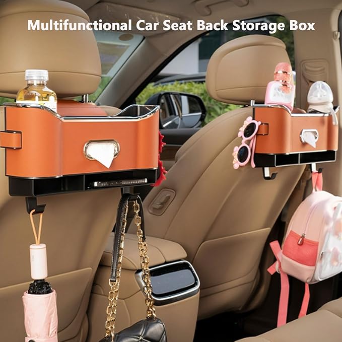 Multifunctional Car Seat Back Storage Box, Car Seat Tissue Box and Storage Box, Universal Car Tissue Organizer Back Seat with 2 Drink Cup Holder (White)