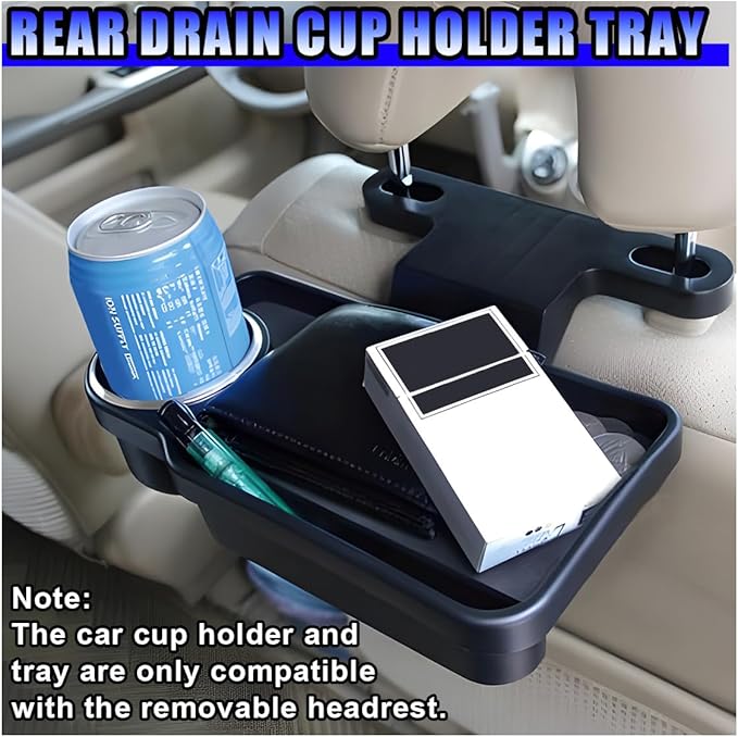 Car Cup Holder Tray, Foldable Car Backseat Organizer Food Tray for Eating, Multifunctional Detachable Headrest Drink Trays Desk for Most Vehicles Road Trips