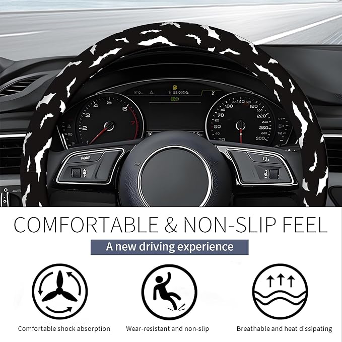 Steering Wheel Covers for Car, Truck, and SUV, Cute Non-Slip Breathable Elastic Steering Wheel, Car Accessories, Universal 15 Inch Leather Cover for Men Women Black Bat