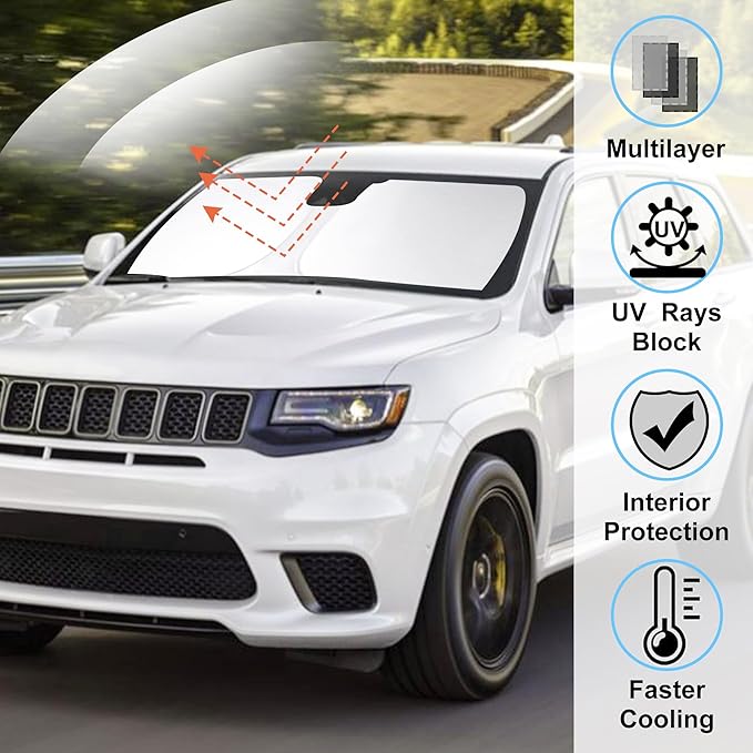 Windshield Sun Shade Foldable Sunshade Protector Custom Fit Jeep Cherokee 2014-2024 2025 Trailhawk,Overland, Limited, Latitude, Altitude Accessories (Not for Jeep Grand Cherokee)