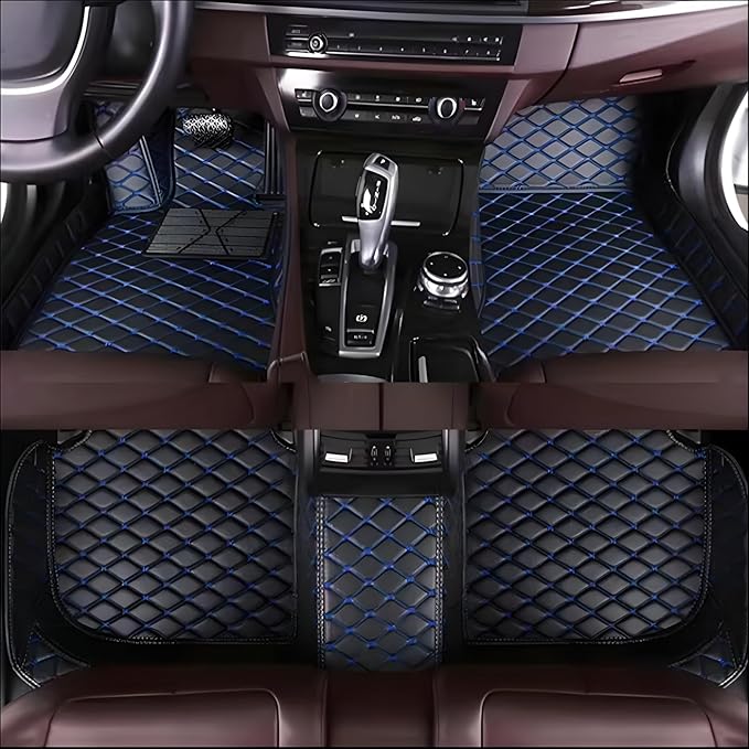 Custom Leather Car Mats, Vehicle-Specific Fit All-Weather Floor Mats, 100% Waterproof Anti-Slip Durable Protection for SUV Truck Sedan, Precision Tailored Protection (Black Blue)