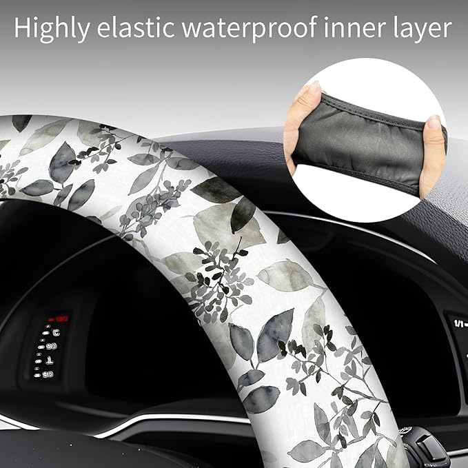 Steering Wheel Covers for Car, Truck, and SUV, Cute Non-Slip Breathable Elastic Steering Wheel, Car Accessories, Universal 15 Inch Leather Cover for Men Women Black White Leaf