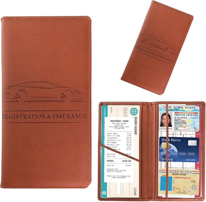 Kewucn Car Registration and Insurance Card Holder, Leather Auto License Document Glove Box Compartment Organizer, Essentials Vehicle Wallet Case for Driver License, ID Card (Brown)