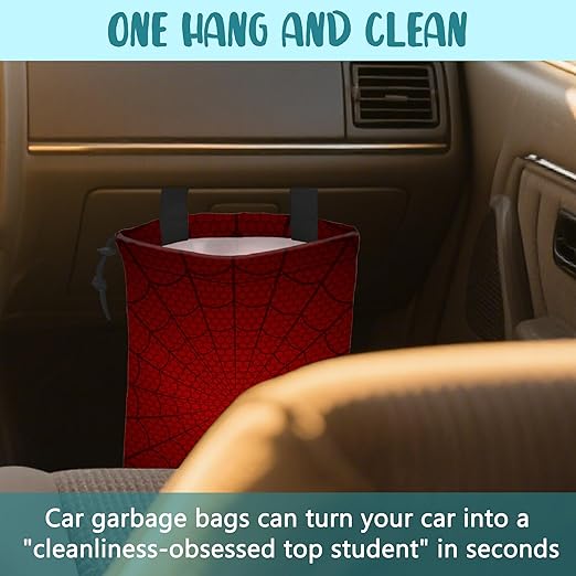 KXWQTRDD Car Garbage Bag Red Spider Web Drawstring Car Trash Bag Hanging for Back Seat with Adjustable Buckle Canvas Vehicle Trash Can Easy-to-Install