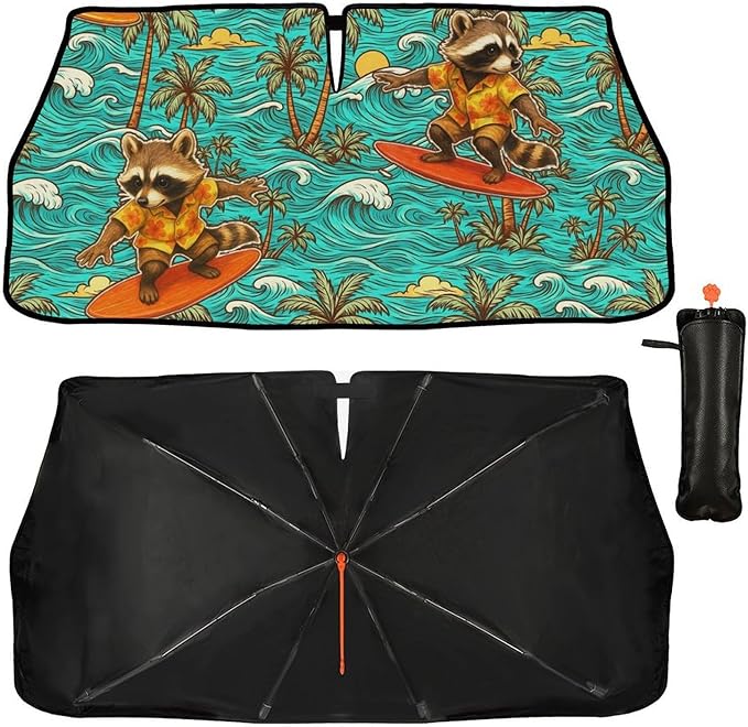 DOPINDU Hawaiian Raccoon Car Windshield Sun Shade Umbrella Bendable Handle Foldable Funny Sunshade for Car Windshield Block UV Rays Keep Vehicle Cool for Most Sedans SUV Trucks Cars 57"x30"