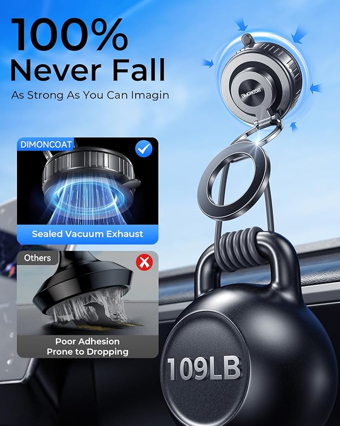 DIMONCOAT 2026 Upgraded Metal Vacuum Magnetic Phone Holder for Car [109LB Suction+2800gf Magnetic], 360° Magsafe Car Mount Suction Cup Phone Mount, Foldable Car Phone Holder for iPhone 17/16 Pro Max