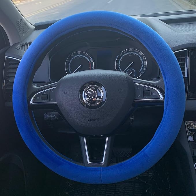 Fluffy Steering Wheel Cover, Short Plush Auto Accessories for Men and Women with Inner Ring Universal 15 Inch (Blue)