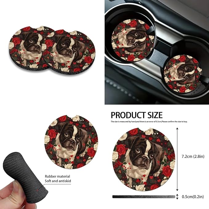 10 Pieces Car Seat Cover Full Sets, Pug Rose Print Car Front Bucket Seat Protectors with Split Bench Back Seat Covers, Steering Wheel Protector, Coaster, Trash Can, Air Vent Storage Bag