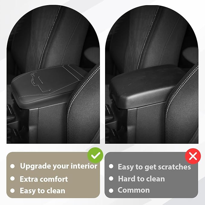 Muslogy Center Console Armrest Cover Compatible with 2024 Toyota Tacoma Accessories Armrest Lid Protector Vegan Leather Cushion Regular Thick(Black/Gray Stitching)