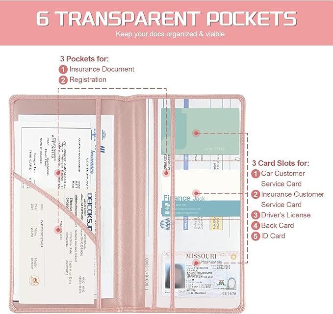 JUSTTOP 2Pack Car Registration and Insurance Holder,Car Document Holder for Cards License with Magnetic Shut,Vehicle Glove Box Car Organizer for Documents, Cards, License(Pink)