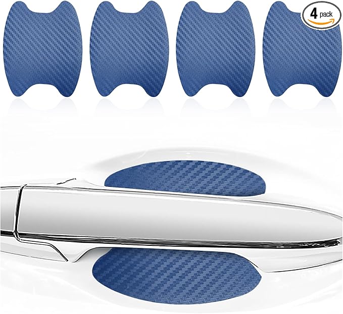 Kewucn 4PCS Car Door Handle Sticker, Carbon Fiber Auto Door Side Handle Protective Films, Anti-Scratch Vehicle Door Cup Protector, Universal Exterior Accessories for Most Cars (Blue)