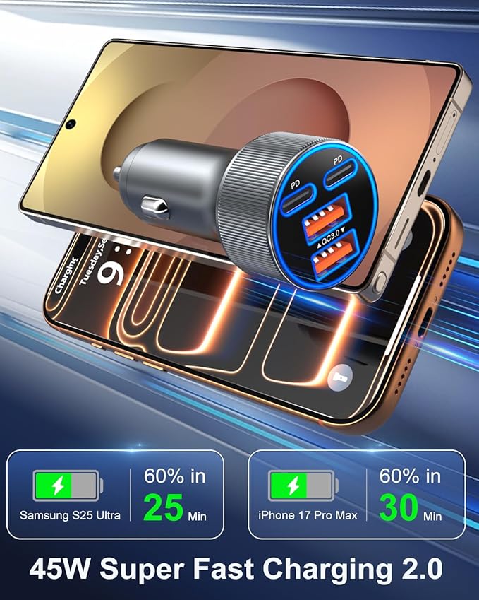 Car Charger USB C, 90W Super Fast Charging Cigarette Lighter Adapter Multi Port Dual 45W 12V USB-A & USB-C PD/QC 3.0 Fast Car Phone Charger Plug for iPhone 17 16 15 14 Pad Pro Max Galaxy Android(Gray)