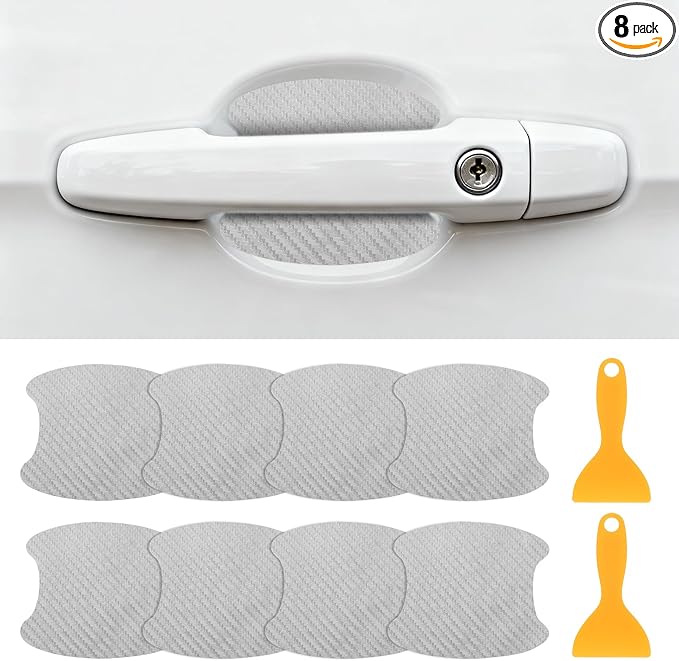 PATIKIL 3.54" x 3.94" Car Door Handle Sticker, 8Pcs Carbon Fiber Anti-Scratches Vehicle Door Cup Protector with Scraper Auto Door Handle Protective Film for Cars Trucks RV SUV, Silver