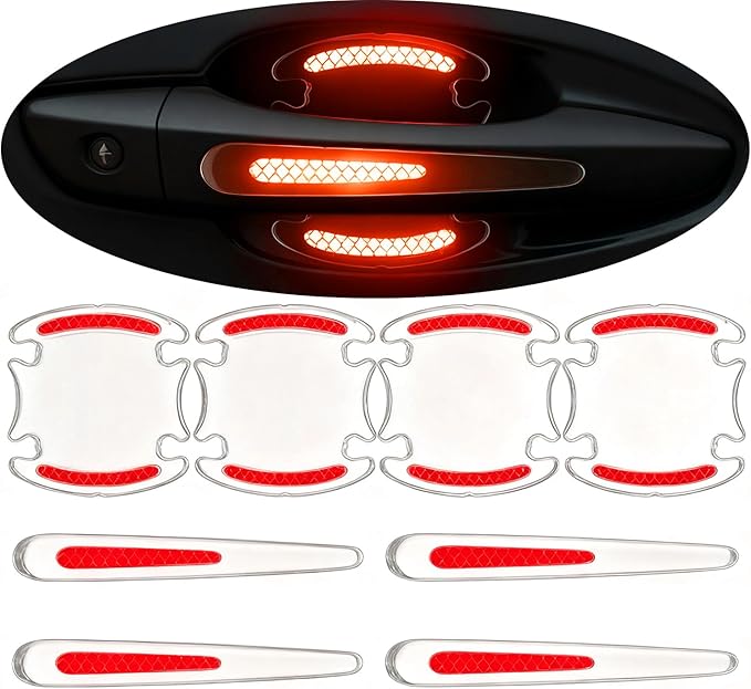 8pcs Clear Car Door Handle Scratch Protector，Clear-Transparent & 3D Carbon Fiber-Marking,Anti Scratch,Universal Auto Door Handle Anti Scratch Cover Guard (Red)